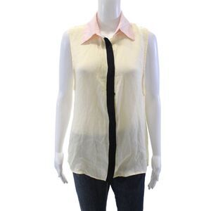 Kimberly Taylor Womens Silk Button Up Sleeveless Colorblock Blouse Beige Size M